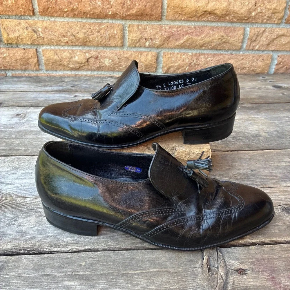 Vintage Florsheim Black Leather Kiltie Tassel Loafers Men's 7.5 E Wide 20108